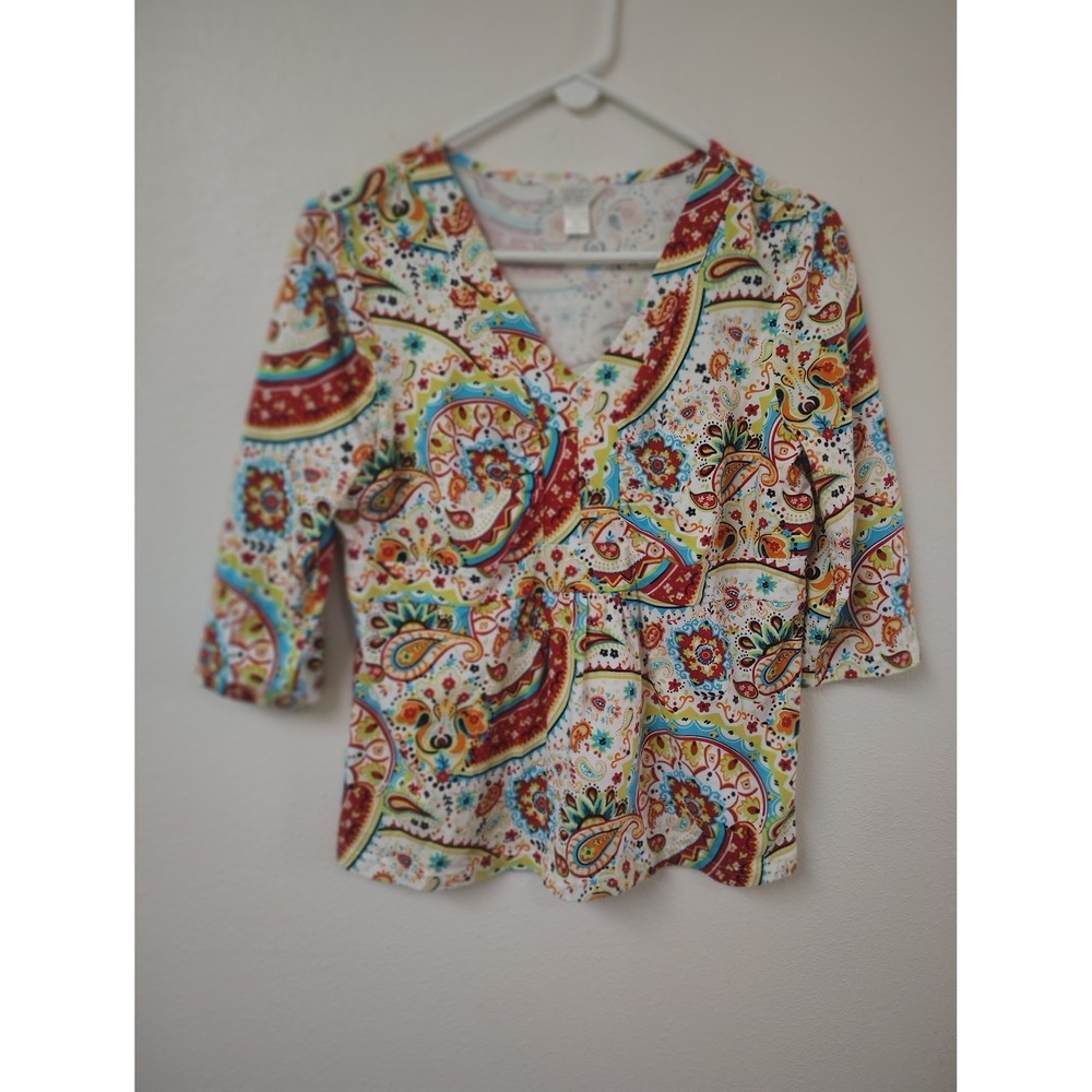 Christopher & Banks Petite Paisley V-Neck 3/4 Sleeve Top Multi-Color Size PL